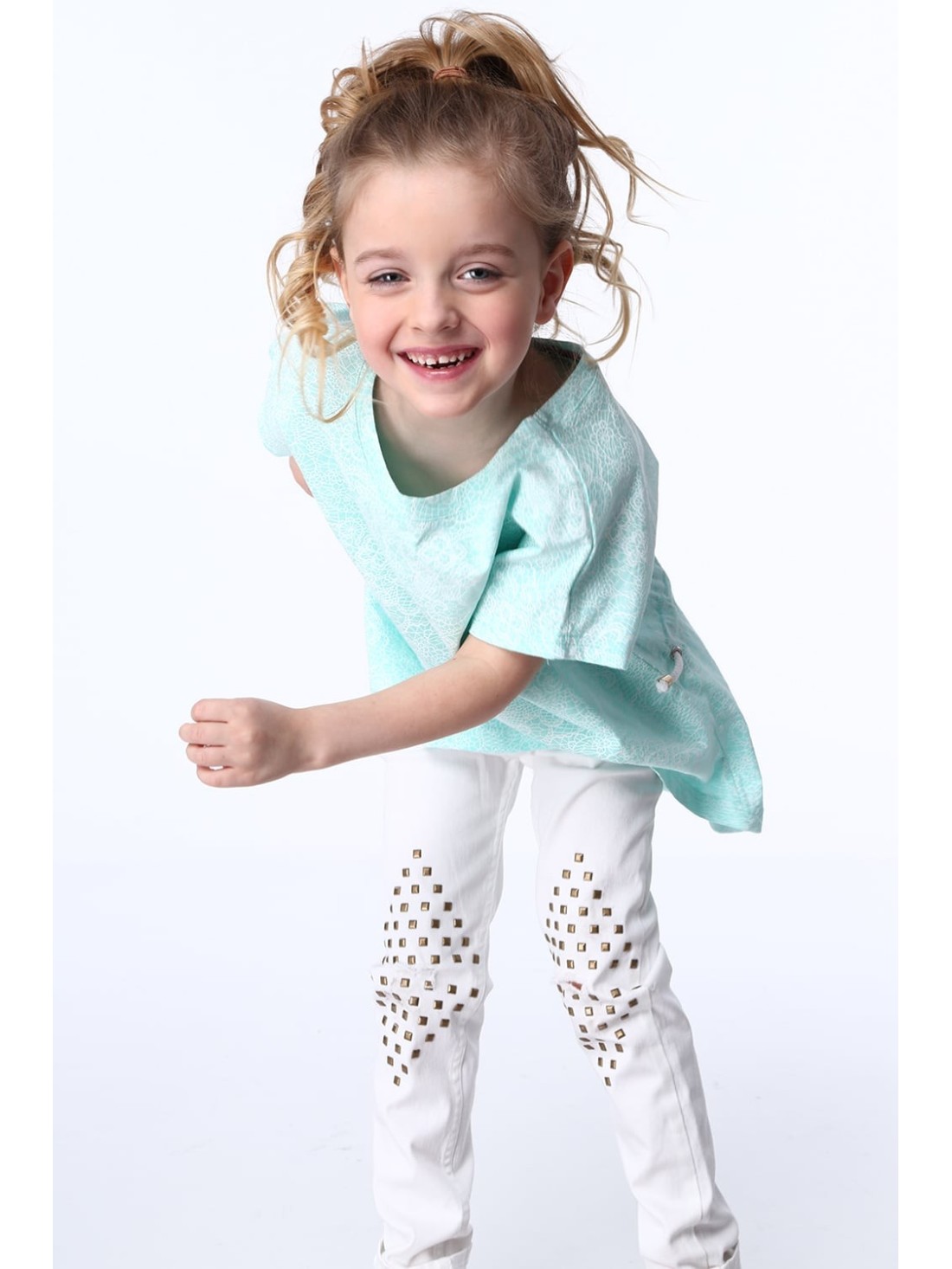 Girls\' blouse with ties, white and mint NDZ8200 - Online store - Boutique